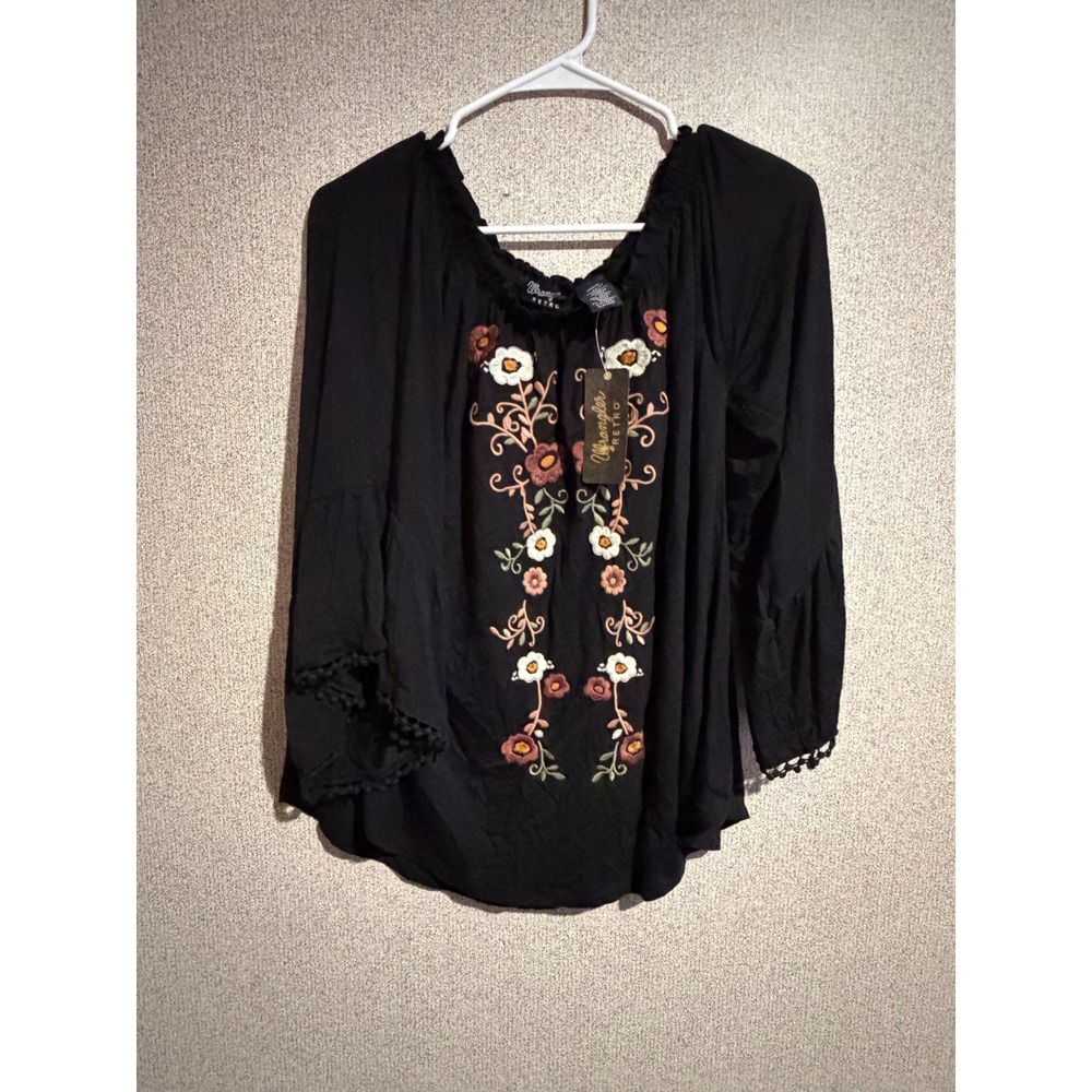 Wrangler Retro Women Black Floral Embroidered Off Shoulder Peasant Top LWK819X M